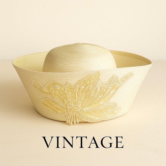 Accessories - Vintage Ivory Beaded Floral Church Hat | Elegant Derby Sunday Brim,EUC,Size M